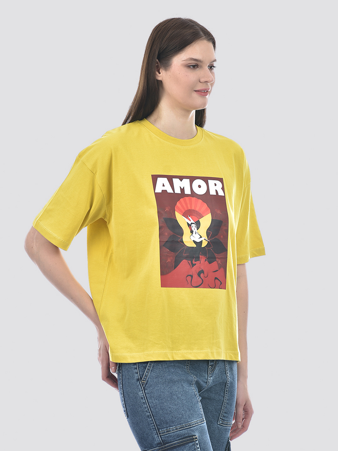 Numero Uno Women Yellow Round Neck Oversize Fit T-Shirt